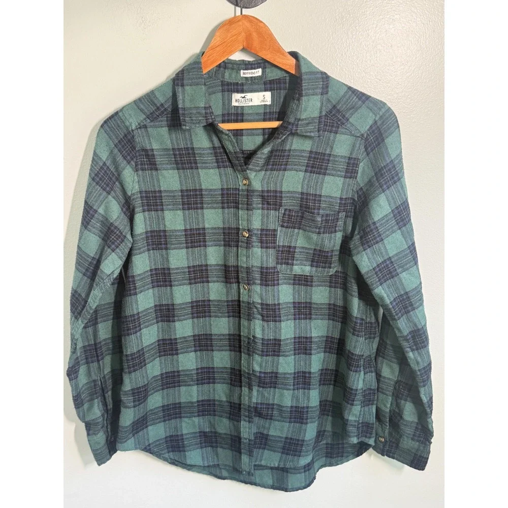 Hollister Womens Green Navy Blue Plaid Flannel Shirt Boyfriend Fit Small S